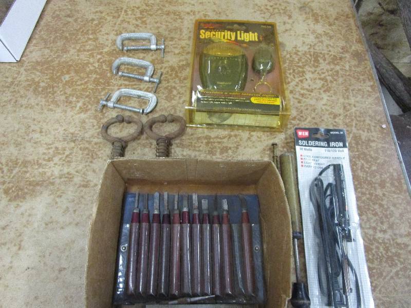 lot 138 image: Brass antanna and air pump, Bull Leaders, Sea Clamps, Saoldering Iron, Security light and Wood Working Tols
