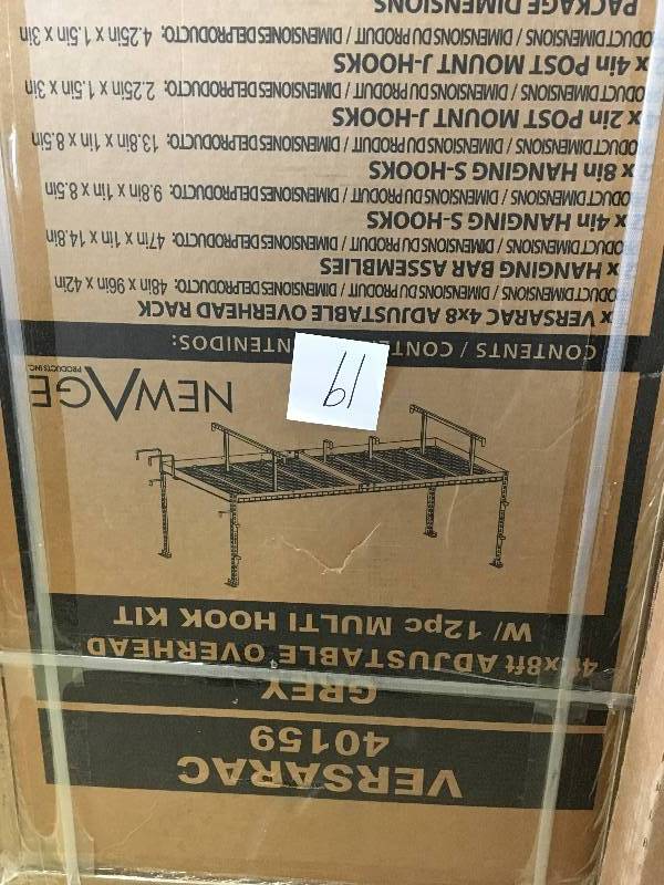 lot 19 image: Versarac 96 in. L x 48 in. W x 42 in. H Adjustable Ceiling Storage Rack with 12-Piece Hooks in Gray not used