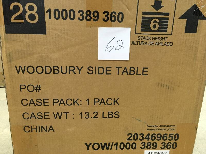 lot 62 image: Hampton Bay Woodbury Wood Outdoor Patio Accent Table not used