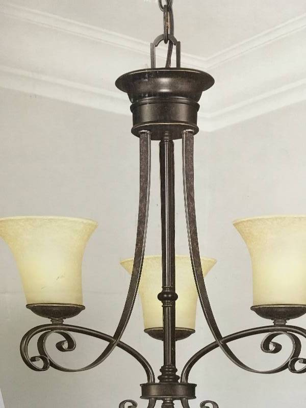 lot 12 image: Hampton Bay Essex 3-Light Aged Black Chandelier with Tea Stained Glass Shades
