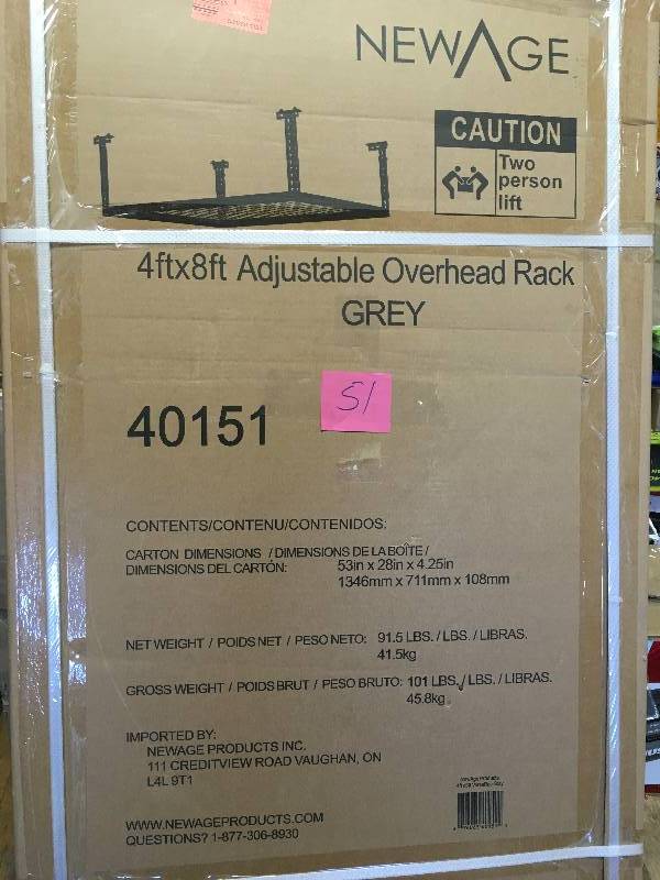 lot 51 image: NewAge Performance 96 in. L x 48 in. W x 42 in. H Adjustable VersaRac Ceiling Storage Rack in Gray