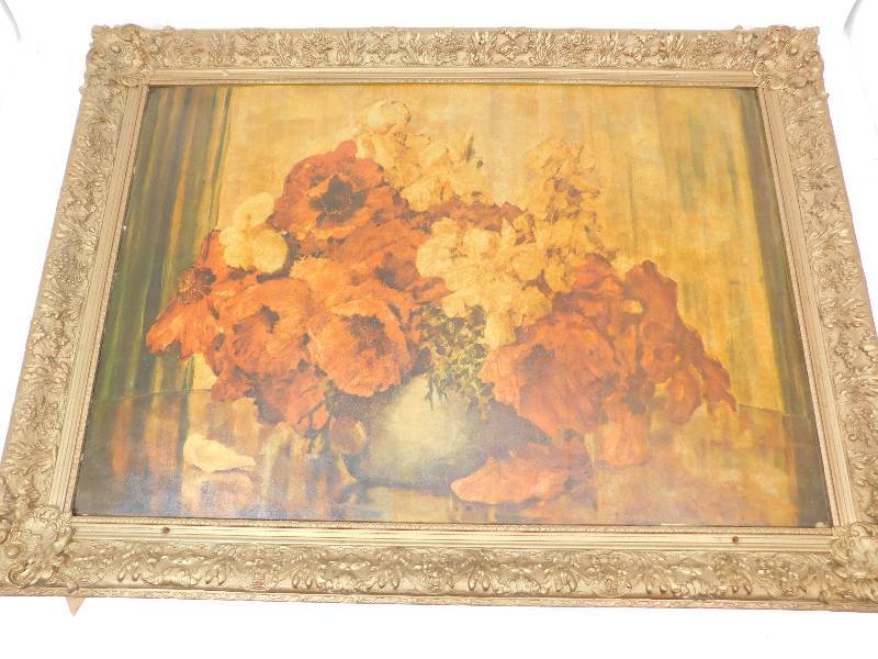 lot 36 image: Floral Arrangement Picture In Vintage  Hand Carved Frame