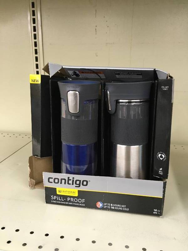 lot 145 image: Contigo 2 Pack Spill Proof Traveling Mugs, Retail $18.99