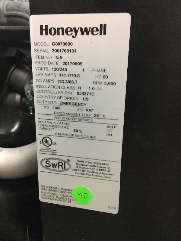 lot 562 image: HONEYWELL 17KW SYNC 2.0 BACKUP GENERATOR