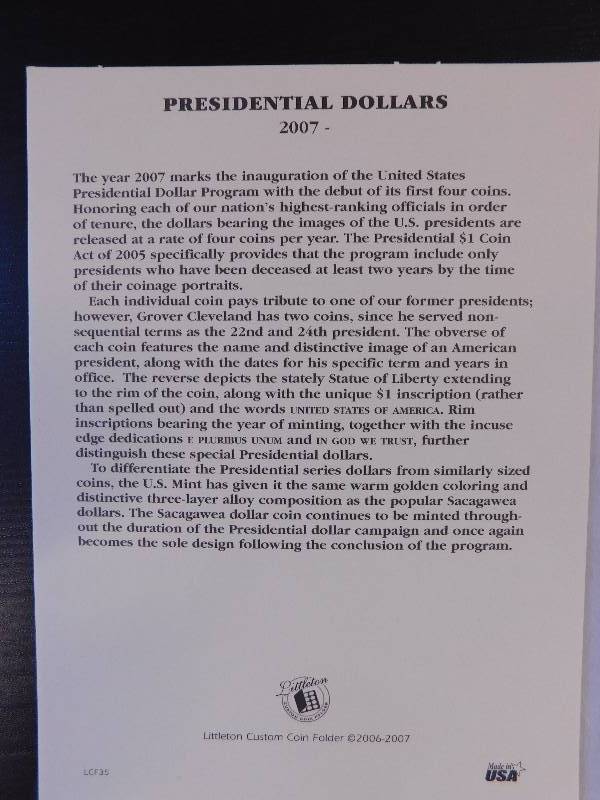 lot 18 image: Littleton Archival Quality Presidential Dollar Album 2007-2016 with 20 Presidential Dollar Coins (2007-2011)