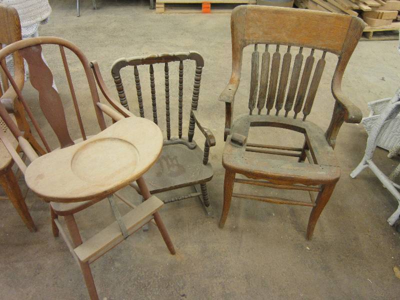lot 33 image: Antique wood chair, childs rocking ...