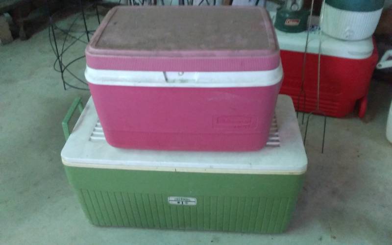 lot 13 image: 2-Coolers Green Thermos 29x15x15, Red Rubbermaid 21x13x13