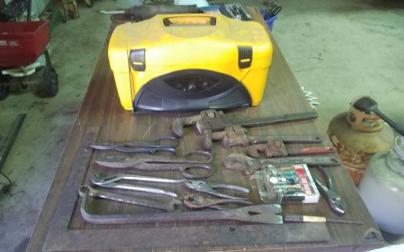 lot 29 image: Tool Box Radio, Assorted Wrenches, Pliers, Shears, Square