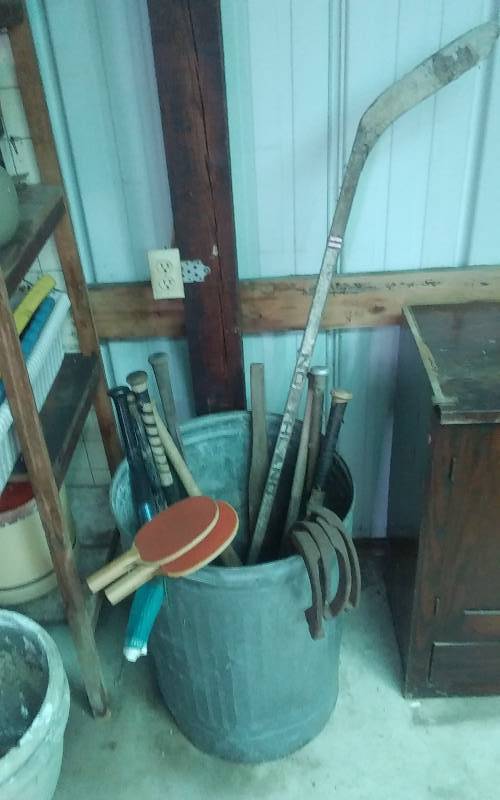 lot 51 image: Barrel Of Sports Gear, Horse Shoes, Baseball Bats, Ping Pong