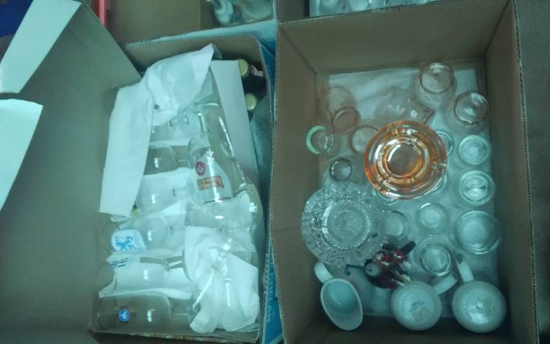 lot 84 image: 2-Boxes Lot Bar Glasses, Cigar Boxes, Wood Wall Decor, Old Stir Stix, Collectibles