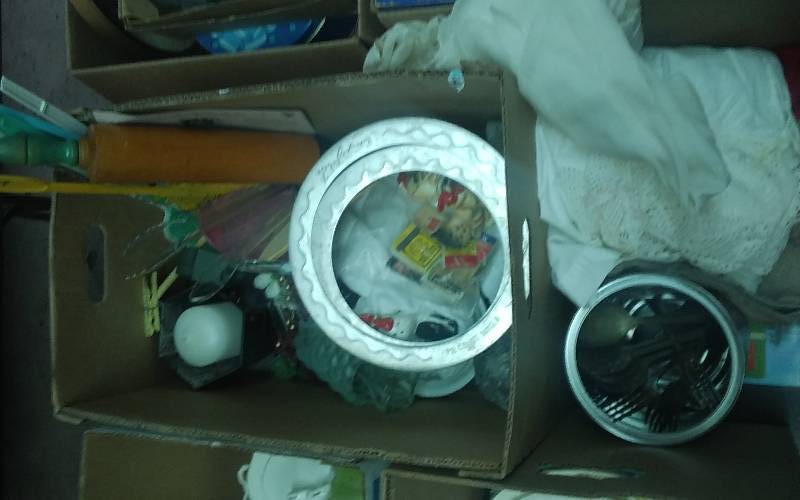 lot 87 image: 2-Boxes Lot Old Kitchen Utensils, Salt & Peppers, Flatware, Vintage Baby Clothes