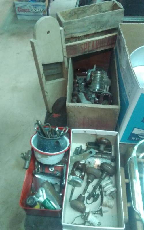 lot 91 image: Lot Of Old Hardware, Door Knobs, Insulators, Bottle Openers, Cheese Boxes, Grater, Shoe Horns
