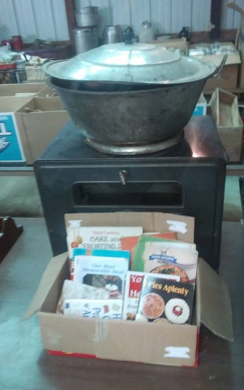 lot 96 image: Old Metal Bread Bowl With Lid, Asst Bread Pans, Metal Bread Holding Box 20x13x17, Box Of Cook Books