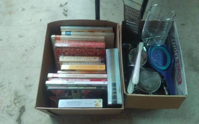 lot 98 image: 2-Boxes Lot Vintage Kitchen Utensils, Box Of Cook Books