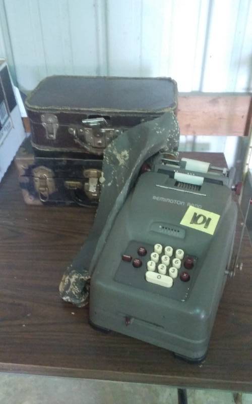 lot 101 image: Vintage Remington Rand Adding Machine, 2-Old Cases