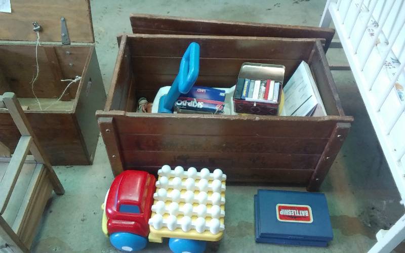 lot 105 image: Wood Toy Box With Lid 30x16x15, Includes Toys, Cards, Games