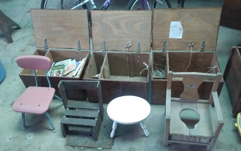 lot 106 image: 3-Wood Crates (Paper Bundling Boxes), 4-Old Kids ChairsStools, Asst Story Books