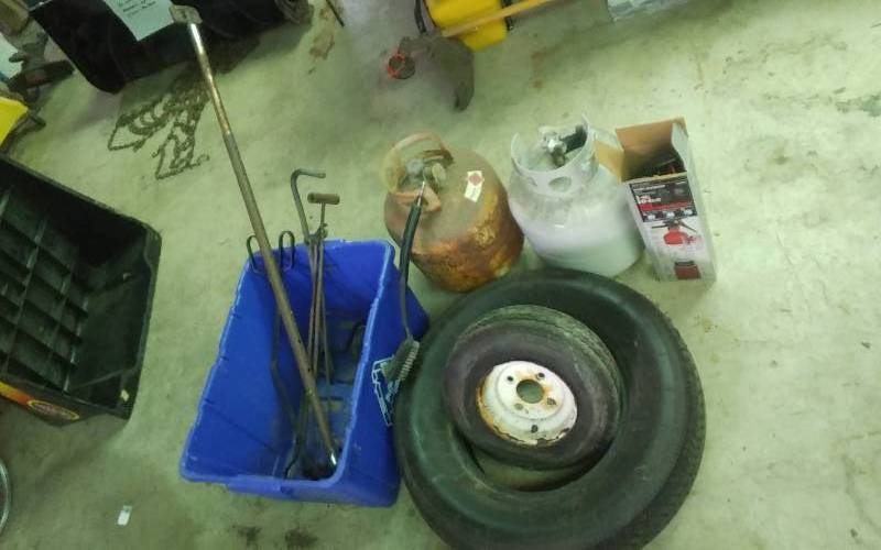 lot 108 image: 2-Propane Tanks, Grill Brush, Fire Extinguisher, Recycle Bin & Contents, Tires