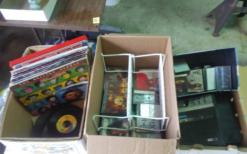 lot 109 image: Lot Of Music Related Record Albums (Stones, Doobies, Hall & Oates, Johnny Cash), Cassettes & Player, Portable DVD Player