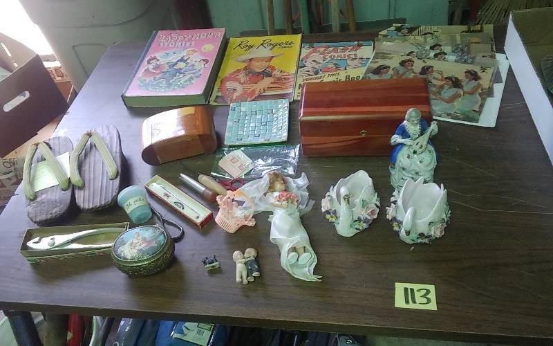 lot 113 image: Lot Of Vintage (1940s) Collectibles Comics, Occupied Japan Figure, Lane Chest, Misc