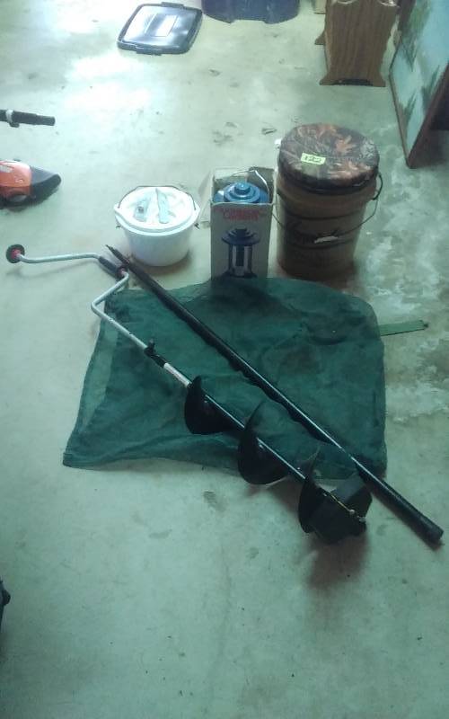 lot 122 image: Lot Of Outdoorsman Ice Auger, PailSeat, Lantern, Bait Bucket, More