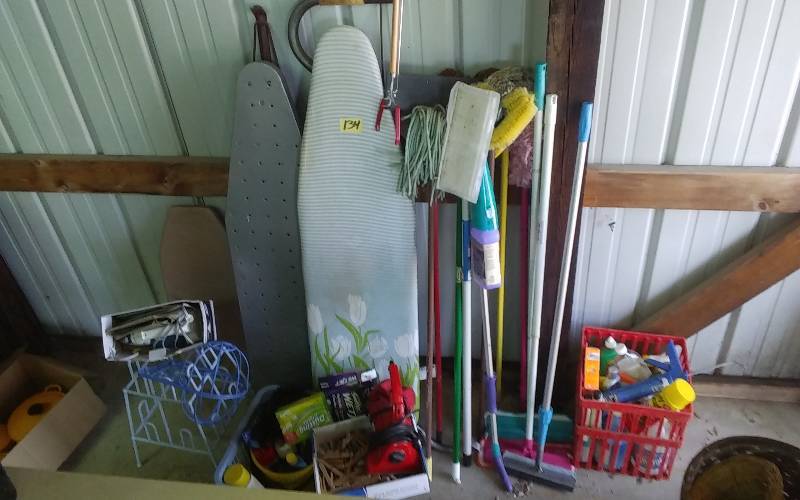 lot 134 image: Lot Of Cleaning Supplies (Mops, Swiffers, Ironing Boards, Rowenta Iron, Hamper)