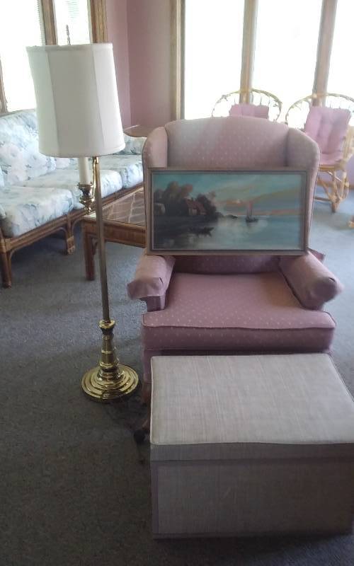lot 141 image: Wing Back Chair, Framed Painting 26x14, Storage Ottoman With Pillows 26x16x14, Floorlamp