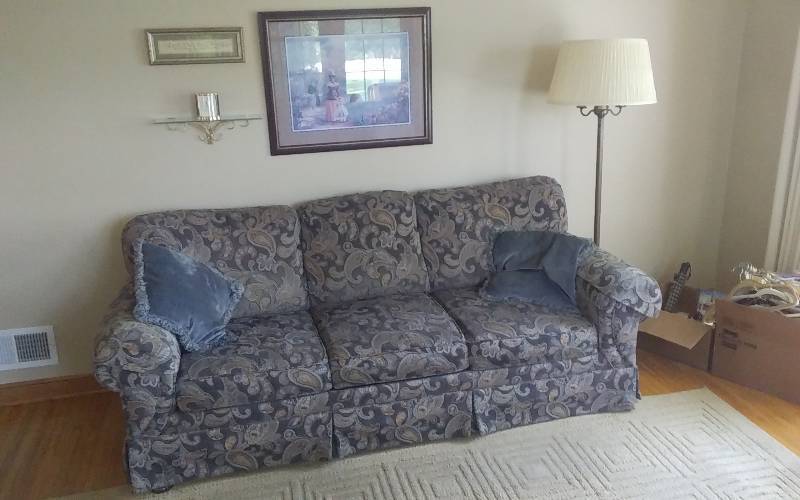 lot 150 image: Flex Steel 7 Foot Gray Paisley Sofa (Nice), Floor Lamp, Framed Picture 30x24 By Bette Herbert Filder Thru Gods Grace & Misc Wall, Decor, Seiko Clock