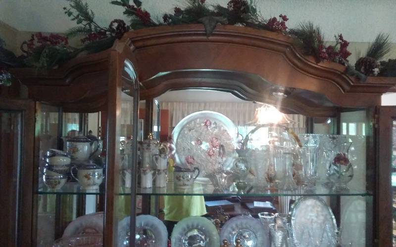 lot 157 image: Top Shelf Contents Of China Hutch, Hand Painted Nippon, Japan, Crystal Vases & More