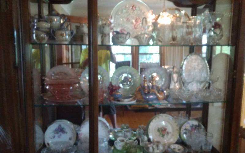 lot 158 image: Middle Shelf China Hutch-Hand Painted, Japan, (Luster), Pink Depression Glass, More