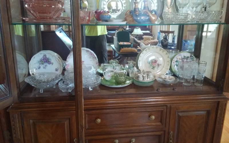 lot 159 image: Lower Shelf China Hutch Green Glassware, Cream & Sugars, Crystal & Vintage Plates