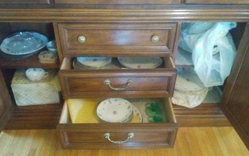 lot 161 image: Contents From Lower China Hutch & Other Serving Pieces, Linens, Rose Chintz By Mieto Service For 12