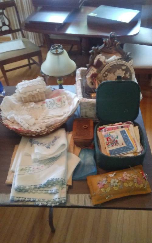 lot 163 image: Lot Of Embroidered Doilies, Hand Kerchiefs, Tea Light Lamp, Basket Of Knick Knacks