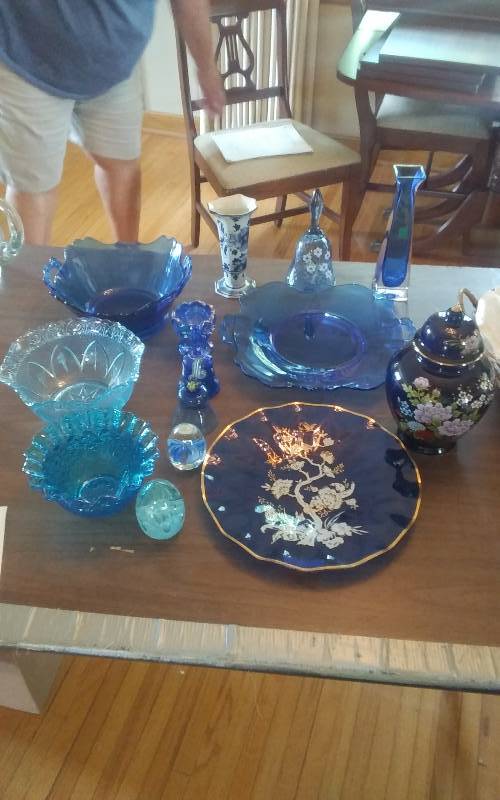 lot 164 image: Lot Of Blue Glassware, Delfts Vase, Kristal Color Vase, Signed Bells (Made In Italy)