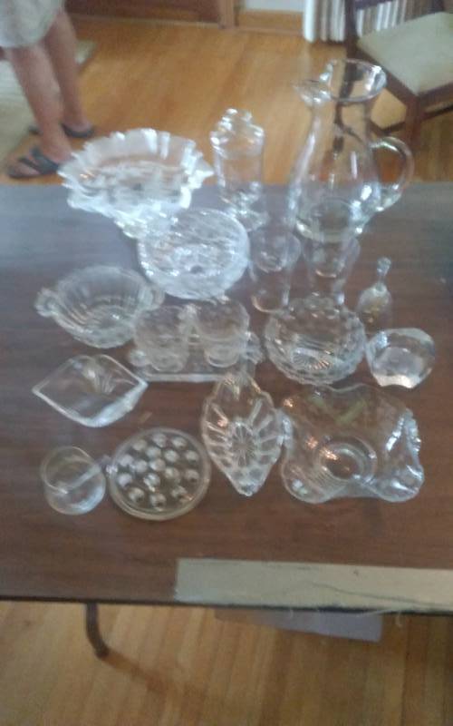 lot 165 image: Lot Of Etched Crystal, Floral Figurine, Cream & Sugar, Footed Candy Dish, Relish Dish