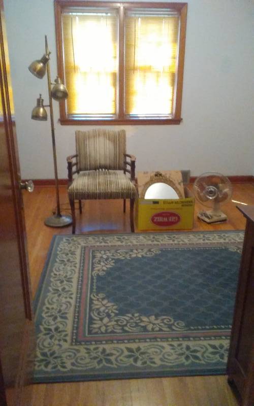 lot 206 image: Area Rug 94x64, Chair, Fan, Old Mirror, Floor Lamp