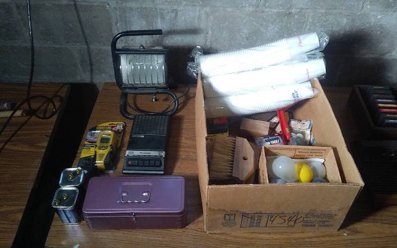 lot 213 image: Work Light, 300 Straight Line Rolling Tape, Tool Box, Bulbs, Misc