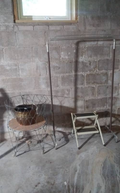 lot 225 image: Vintage Wire Hamper, Clothing Rack, Step Stool, Plant Pot