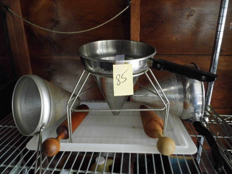 lot 85 image: 3 Strainers - 2 Wood Mallets - Grill Scraper