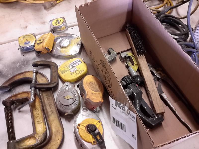 lot 155 image: Lot of Misc. Tools as pictured. C clamsp, chaulk Line, Tape measures and more