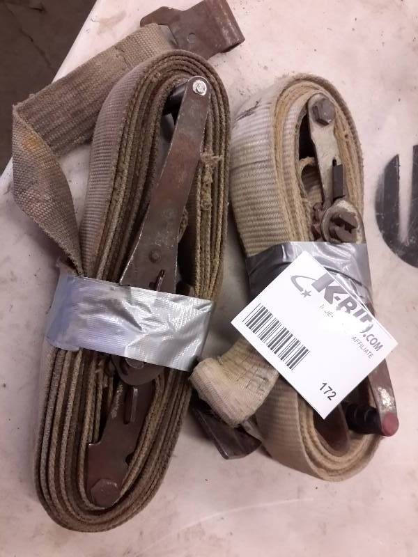 lot 172 image: 2 long, ratchet tie down straps as pictured.. Heavy Duty