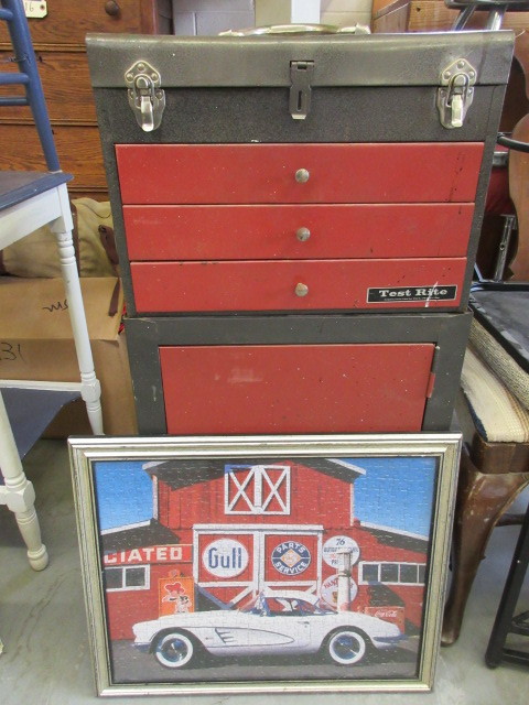 lot 309 image: TEST RITE 2 PIECE METAL ROLLING CART, TOOL CHEST & CORVETTE PUZZLE PICTURE