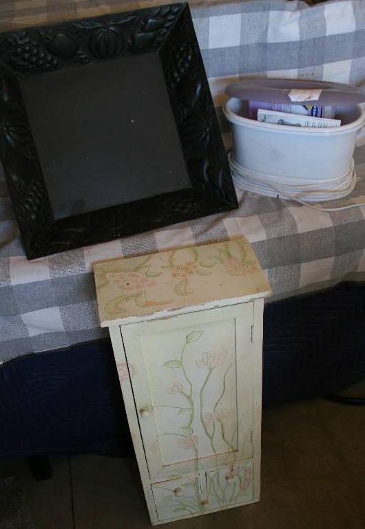 Floral Cupboard, Metal Dish, and Wax Spa