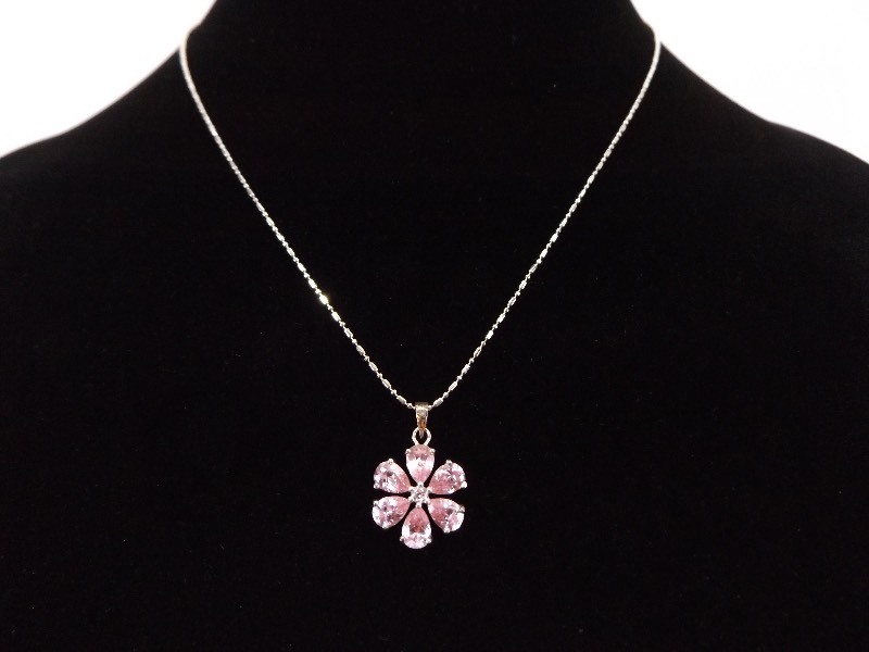 lot 11 image: .925 Sterling Silver Necklace and Pink Swarovski Crystal Flower Pendant 