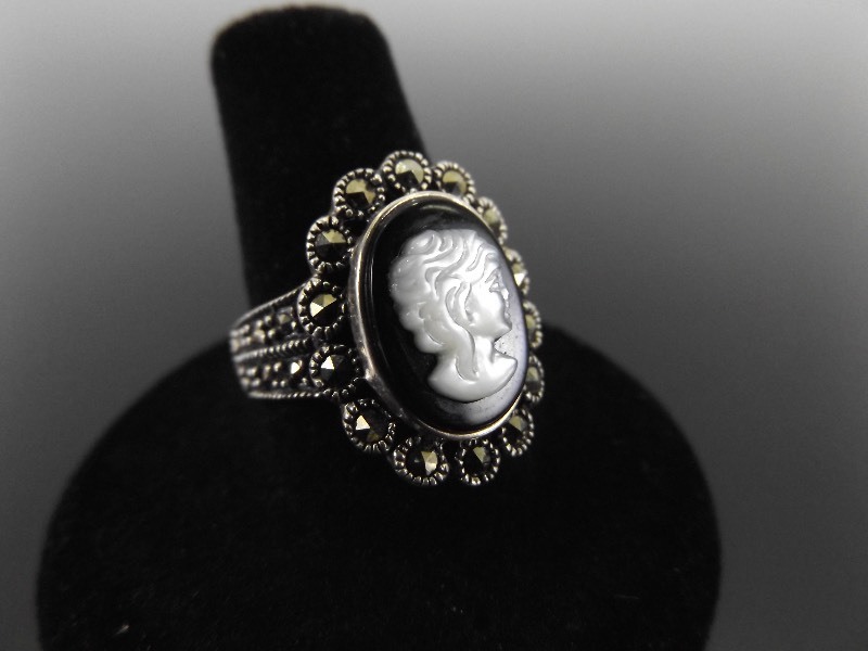 lot 21 image: .925 Sterling Silver Cameo Marcasite Ring Size 8.25