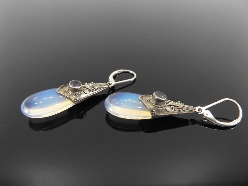 lot 41 image: .925 Sterling Silver Victorian Filigree Opal Dew Drop Amethyst Earrings
