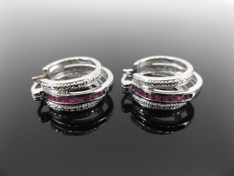 lot 42 image: .925 Sterling Silver Ruby Crystal Hoop Earrings