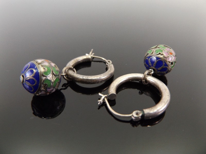 lot 43 image: .925 Sterling Silver Antique Cloisonne Ball Hoop Earrings