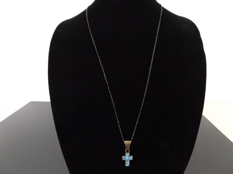 lot 48 image: .925 Sterling Silver Turquoise Cross Pendant and Chain