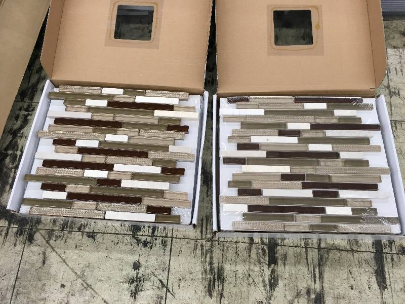 TWO BOXES, GLASS AND STONE MOSAIC TILE, LINEAR PERSPECTIVES BEIGE, RETAIL $25.99 EACH